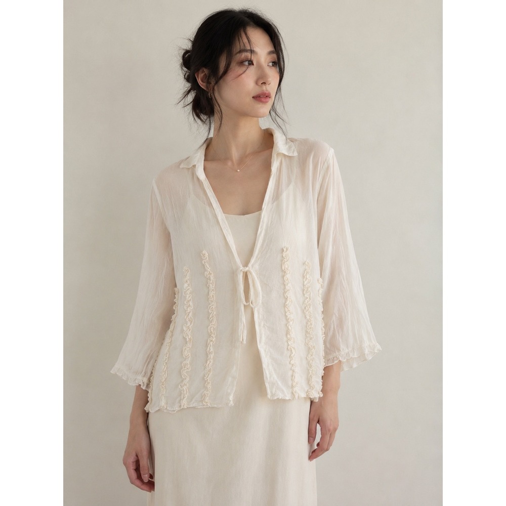 J. Jill Ivory Rayon Sheer Cardigan Blouse S Ruffle Front Tie Dainty Boho Fairy